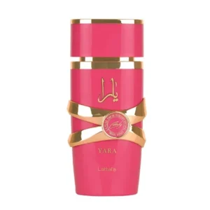 Frasco rosa intenso del perfume árabe Yara Candy de Lattafa con detalles dorados