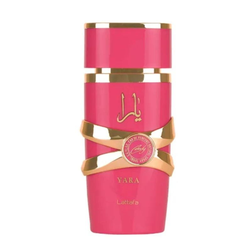 Perfume árabe Yara Candy de Lattafa 100 ml 1 Frasco rosa intenso del perfume árabe Yara Candy de Lattafa con detalles dorados